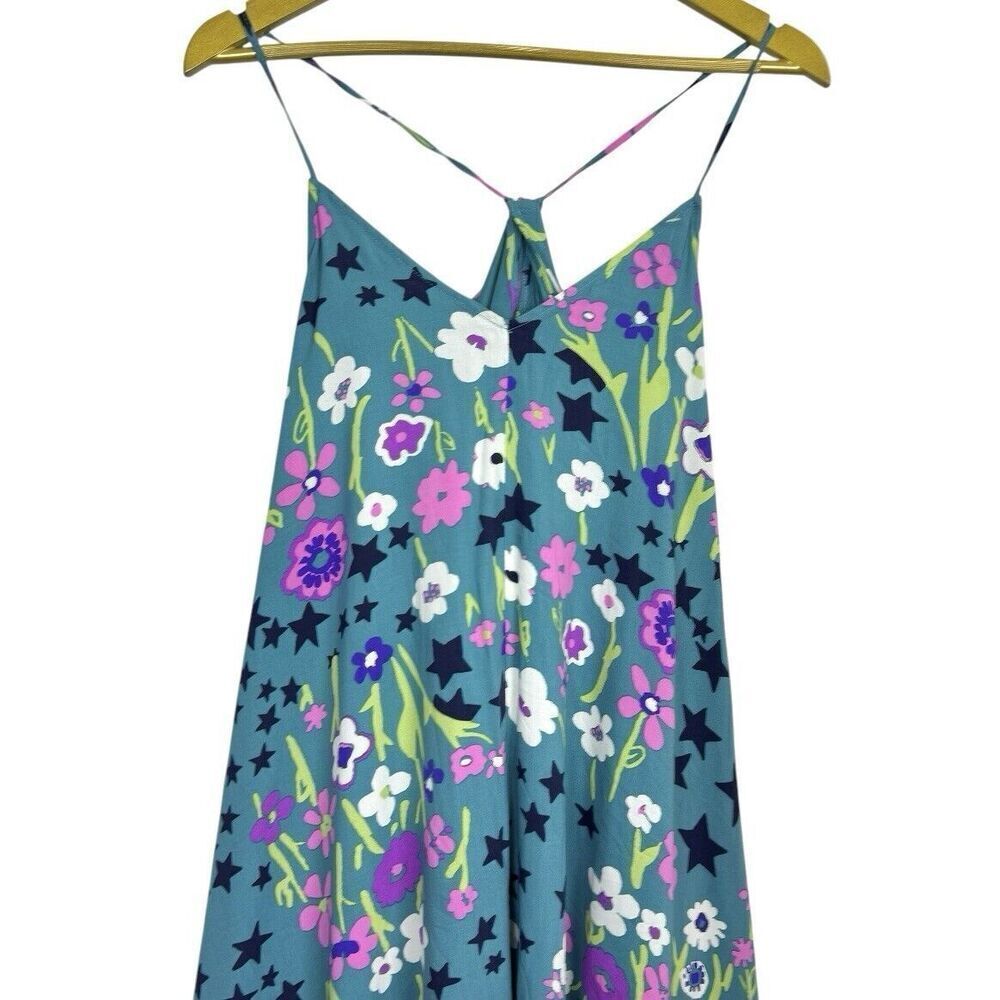 ModCloth Floral Midi Dress Small Teal Multicolor Stars Asymmetric Hem Fairy Y2K - Picture 6 of 15
